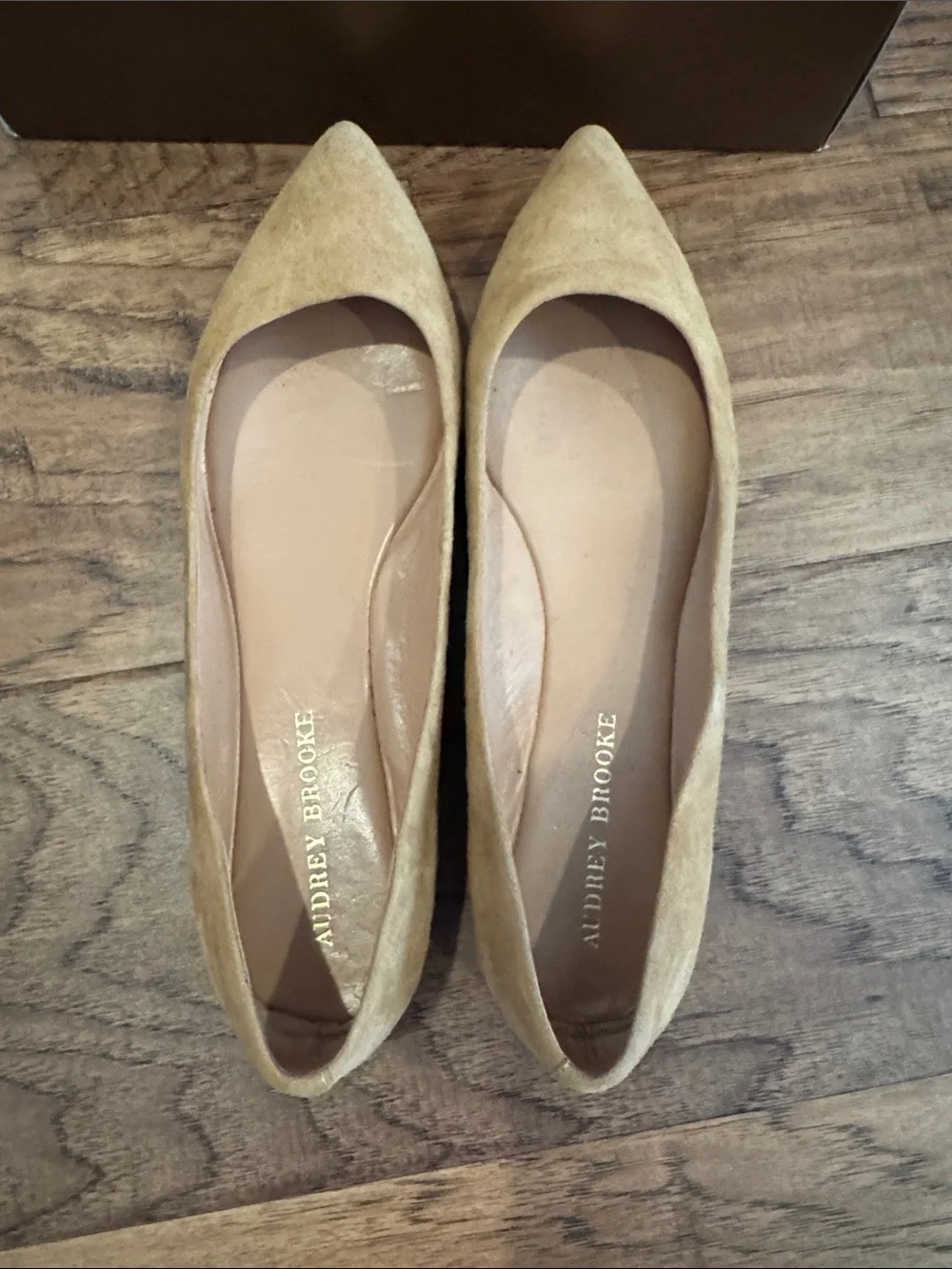 Audrey Brooke Pointed Suede Flats in Light Tan